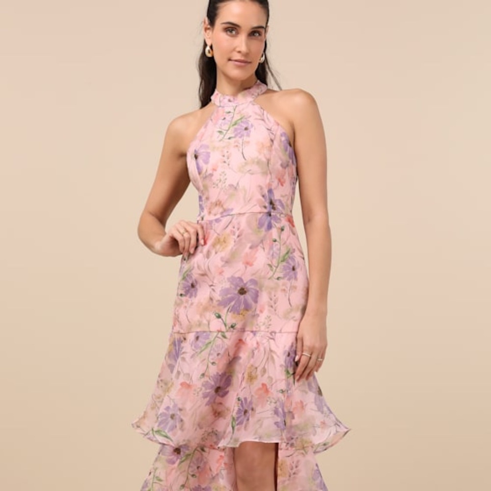 Lulus Forever Exceptional Light Pink Floral Halter Organza Maxi Dress - Size L